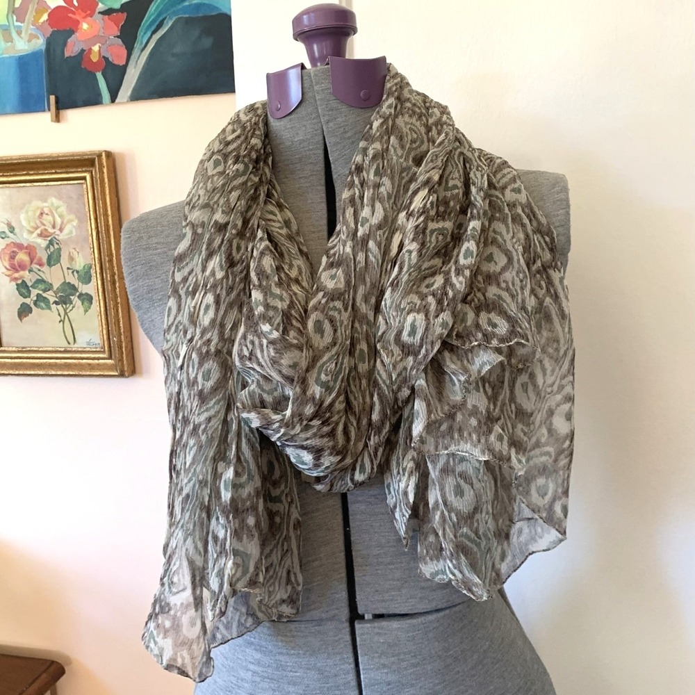 Earthy Brown Abstract Ikat Print Sheer Crinkle Scarf Lightweight Wrap 34x68